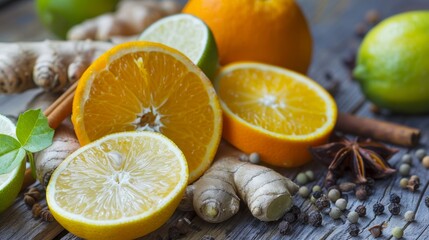 Slices of oranges, lemons, and limes are artfully arranged on a wooden surface alongside ginger roots and whole spices.