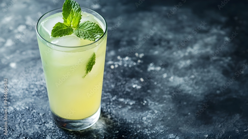Poster refreshing glass of homemade mint lemonade with a fresh mint leaf garnish served on a plain backgrou