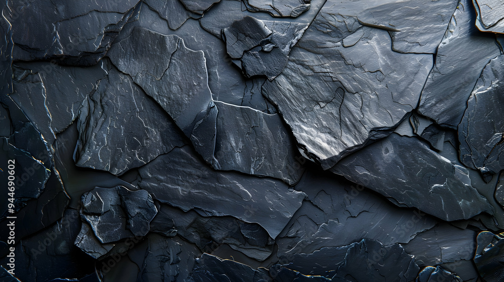 Poster close-up of a dark, textured slate stone surface with irregular shapes and patterns.
