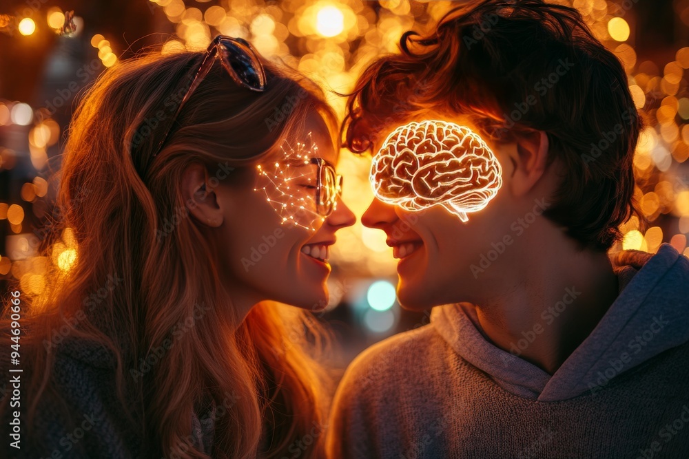 Poster romantic digital rendering of a couple with glowing brains in a festive atmosphere symbolizing intel