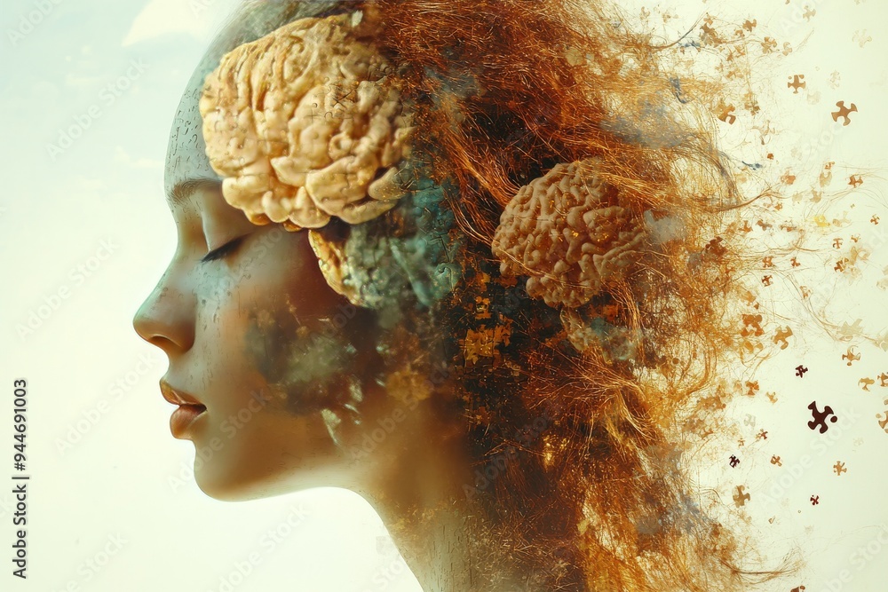 Poster artistic digital illustration of a female profile with a brain dissolving into particles symbolizing