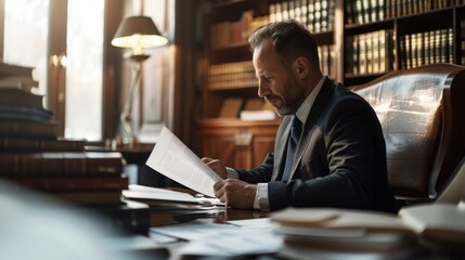 Lawyer, side view, with legal documents on table in office generative ai