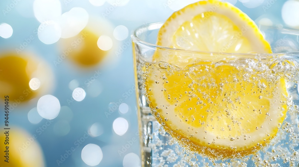 Poster a refreshing glass of sparkling lemonade with a fresh slice of lemon providing a bright and thirst q