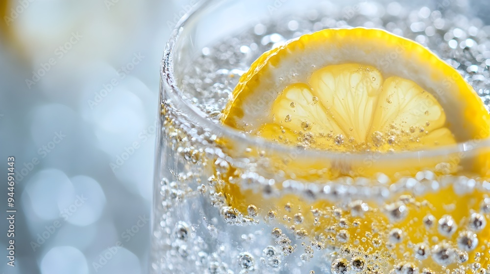Poster refreshing and fizzy glass of sparkling lemonade with a slice of fresh lemon on a plain background o