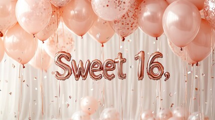 A festive backdrop for a Sweet 16 celebration with balloons and decorations.