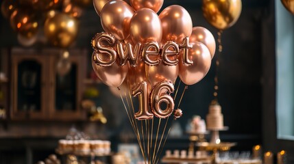 A festive setup featuring balloons for a Sweet 16 celebration.
