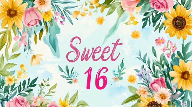 A floral design celebrating a Sweet 16 birthday party. - Powered by Adobe