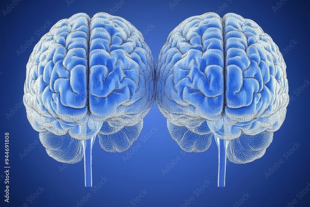 Poster futuristic digital rendering of two human brains connected by a neural network symbolizing the power