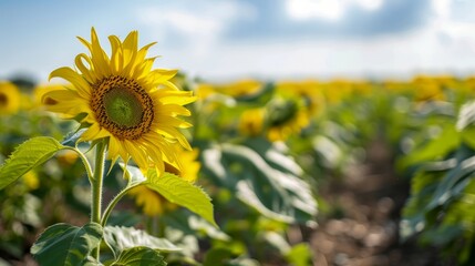 A close-up of a sunflower standing tall in a vast field of sunflowers under the bright sun on a clear day.