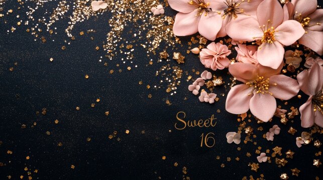 Elegant design featuring flowers and glitter for a Sweet 16 celebration.