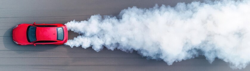 Aerial perspective of car drifting, tire smoke trailing on polished asphalt, highspeed action, sharp turn, dynamic movement, vibrant motorsport scene