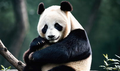 Obraz premium A panda bear sits on a branch in a lush green forest