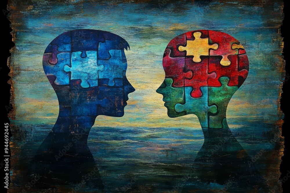 Poster whimsical digital rendering of two human profiles made of puzzle pieces symbolizing the fragmented n