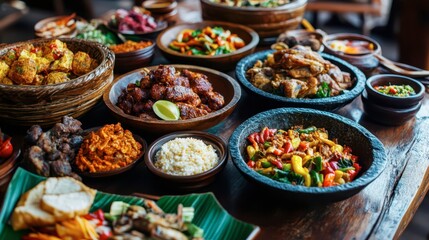 Obraz premium A vibrant display of traditional dishes at a local eatery in the afternoon