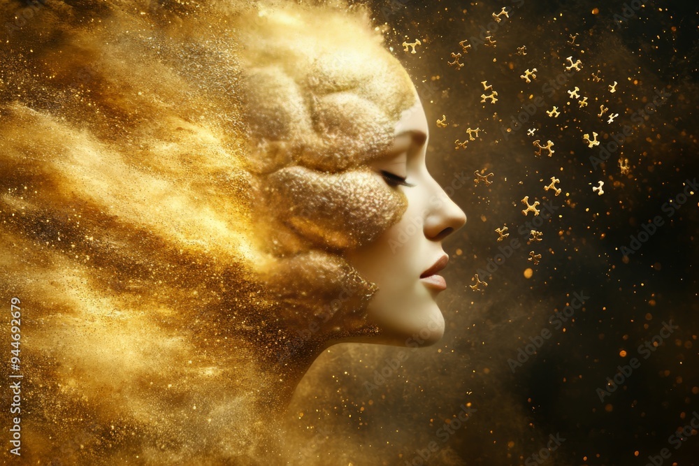 Poster surreal digital rendering of a female profile dissolving into golden particles symbolizing cognitive