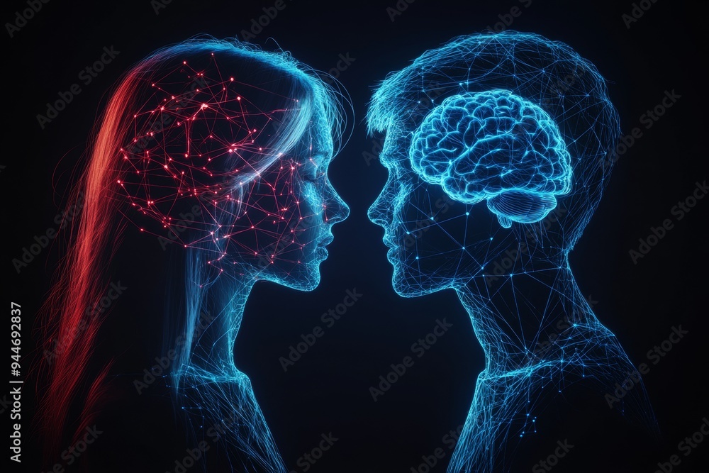 Aufkleber futuristic digital art of two human profiles with glowing brains in a neural network symbolizing cog