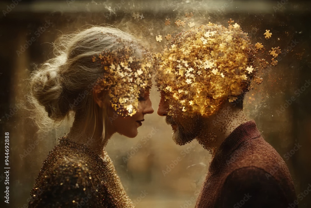 Poster artistic digital rendering of a couple with glowing brains surrounded by golden particles symbolizin