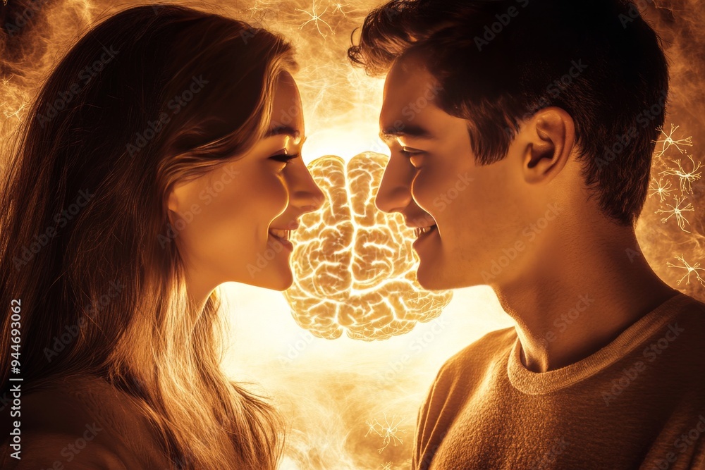 Poster romantic digital art of a couple with glowing brains in a warm intimate setting symbolizing intellec