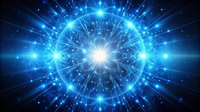 Blue glowing multidimensional quantum force field with elementary particles, quantum, force field, blue, glowing