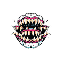 A close-up vector illustration of a monster with sharp teeth, a wide open mouth and a pink tongue.