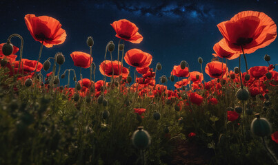 Obraz premium A field of red poppies bloom under a starry sky