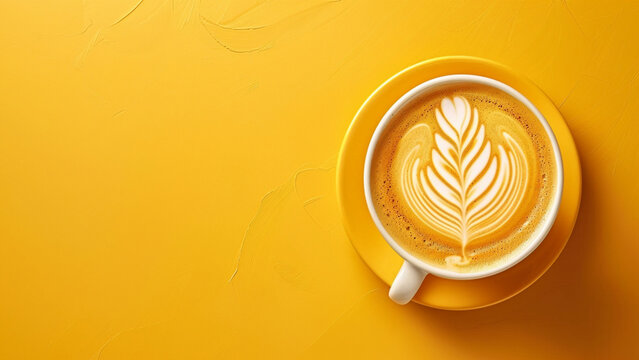 Minimalist Coffee Cup with Latte Art on Vibrant Yellow Background