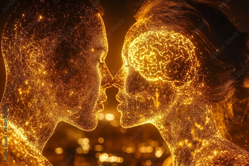 Poster romantic digital rendering of a couple with glowing brains symbolizing intellectual connection share