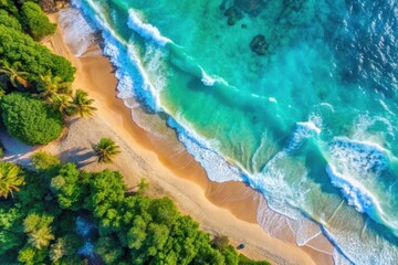 Aerial view of a pristine tropical beach with lush greenery and turquoise waves gently lapping the golden shoreline under a bright blue sky. Generative AI