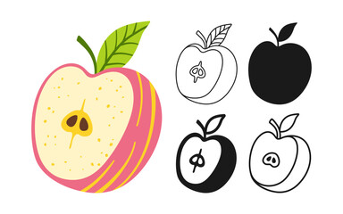 Apple symbol cartoon set. Juicy half pink apple linear doodle icon. Abstract flat hand drawn fruit. Sign stylized simple cute funny linear art for kids. Vector clipart graphic trendy illustration