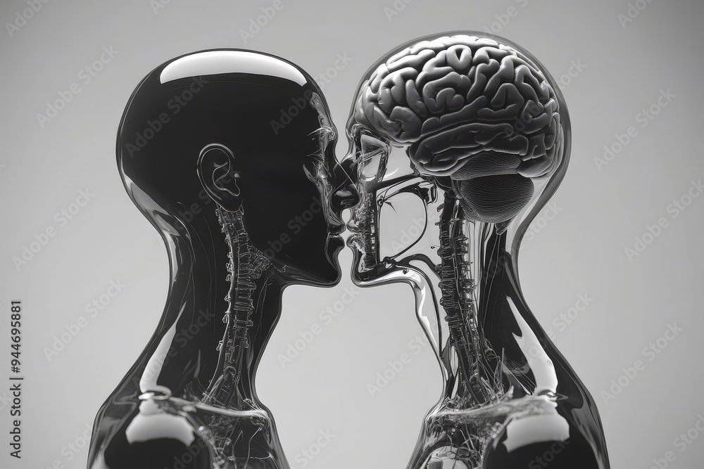 Poster artistic monochrome digital rendering of two human profiles with glass brains symbolizing the fragil