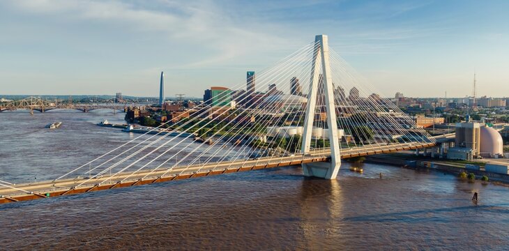 Stan Musial Veterans Memorial Bridge crossing the Mississippi River, St Louis, Missouri, United States.