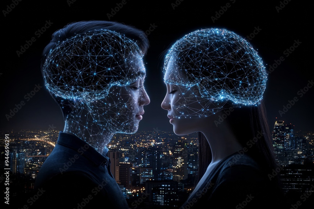Poster futuristic digital art of two human profiles with glowing blue brains symbolizing cognitive connecti