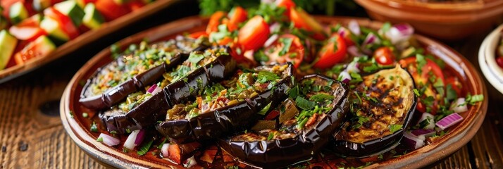 Fototapeta premium Eggplant Appetizer and Salad Variety featuring Mixed Salads and Dips