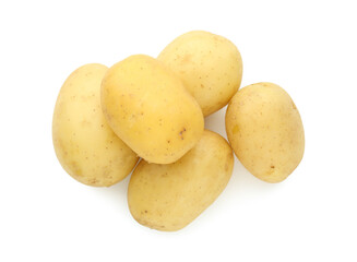 Pile of young fresh potatoes isolated on white, top view
