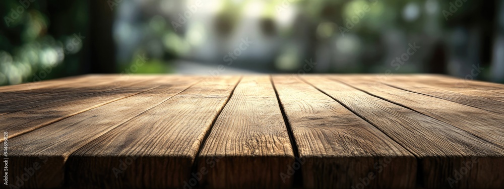 Poster close up view of a wooden table with a blurred background in 3d rendering
