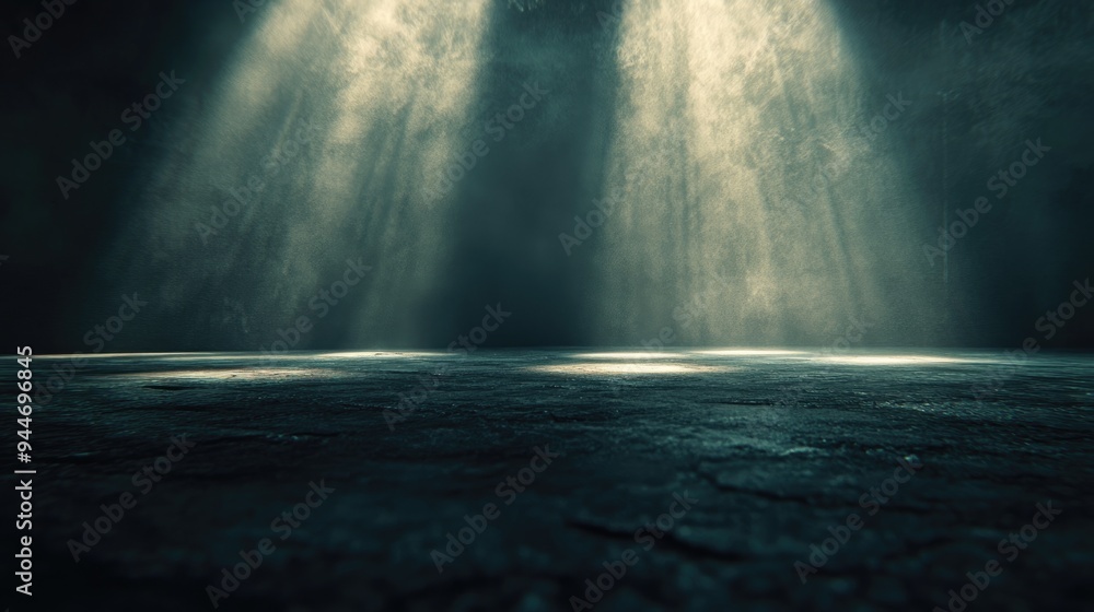 Poster 3d rendering of an empty scene in a dark room featuring shadows and rays of light abstract backgroun