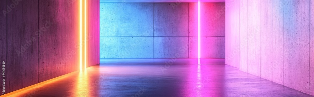 Poster minimalist house interior with abstract concrete design and color gradient neon lighting in a 3d ren
