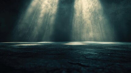 Fototapeta premium 3D rendering of an empty scene in a dark room featuring shadows and rays of light Abstract background with bokeh effect capturing a nighttime atmosphere with intricate lighting