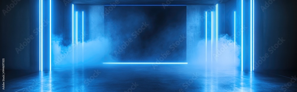 Poster 3d rendering of an empty stage and studio room featuring directional blue neon lights on a transpare