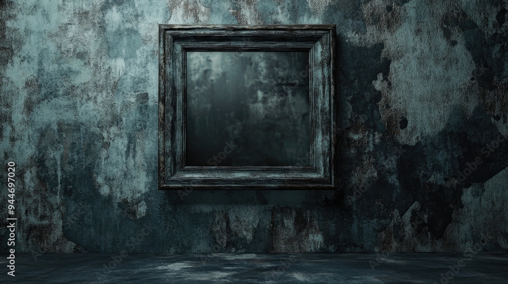 Poster 3d rendering of a dark grunge frame displayed on a wall