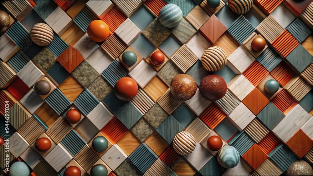 Poster A captivating arrangement of colorful geometric shapes and textured spheres on a patterned backdrop, creating a harmonious blend of design and playfulness in vibrant hues. Generative AI