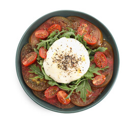 Delicious fresh burrata salad in bowl isolated on white