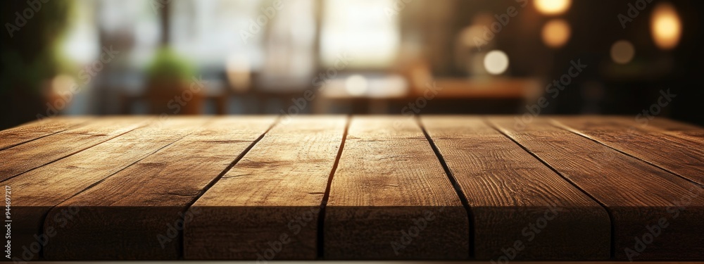 Poster 3d rendering of a closeup wooden table with a blurred background