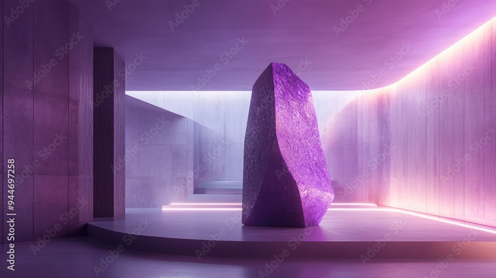 Poster minimalist abstract interior featuring a violet sculpture illuminated from behind 3d rendering of an