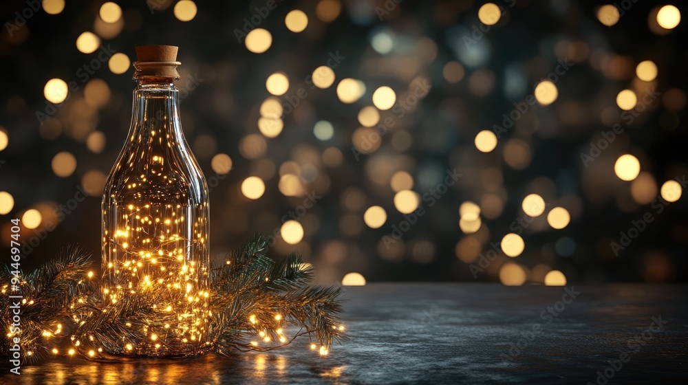 Poster 3d rendering of a bottle filled with a garland of christmas lights in a dark setting close up view