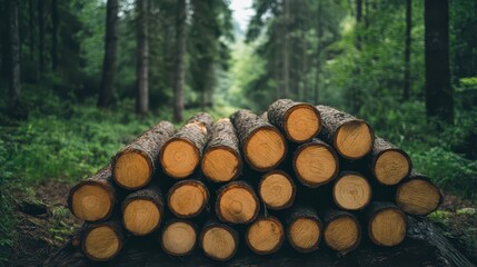 Logs stacked in a forest with greenery during a tranquil summer day