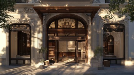Obraz premium 3D rendering of the interior facade of a beautifully restored historic building in an urban environment