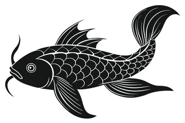 A black and white vector silhouette of a koi fish on a white background.