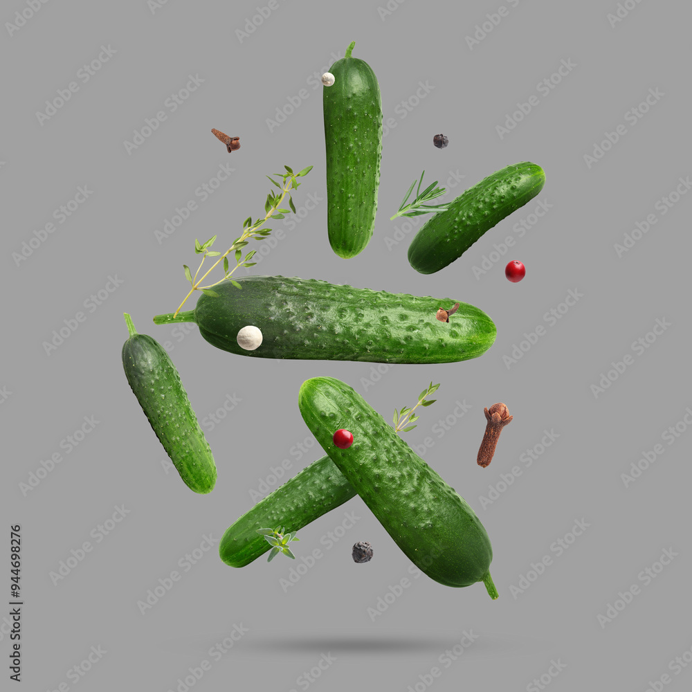 Poster Ripe cucumbers, herbs and spices falling on grey background