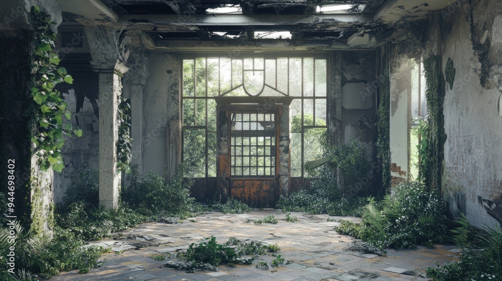 Poster 3d rendering of an abandoned building